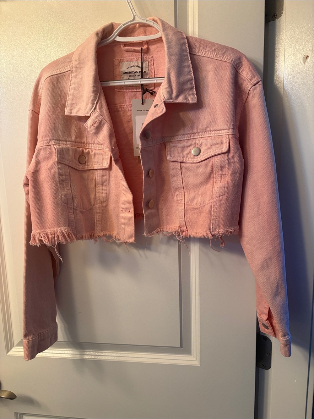 Guava Boutique (American Bazi) Pink Cropped Frayed Denim Jacket